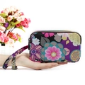 Purple floral fabric clutch with triple zippers and matching wrist strap for women - Purple Floral