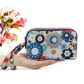 Floral print long fabric wallet with triple zipper and portable hand strap - Geometric Floral