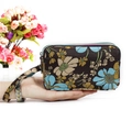 Floral fabric long wallet with blue flower pattern and double zippers and wrist strap - Dark Brown Floral