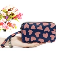 Three-zipper fabric wallet with pink heart pattern on navy blue canvas with wristlet - Blue Heart Print