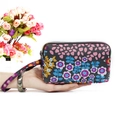 Floral fabric wristlet purse with three layers of zipper pockets and a hand strap - Blue with Peony Floral