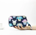 Navy blue fabric long wallet with cartoon animal prints and three zippers - Animal Cupcake Cartoon