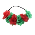 Detail of elastic headband featuring vibrant red and green artificial roses with silk texture - Red+Green