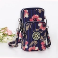 Vertical floral phone crossbody bag with navy stripes and dual zipper pockets - Morning Glory