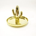 Golden ceramic cactus ring holder tray with shiny finish for jewelry storage - Full Gold Cactus Stand