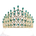 Luxurious gold bridal crown with emerald green teardrop gems and clear crystals - Gold Base Green Stone