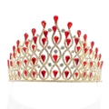 Luxurious gold bridal tiara with red teardrop crystals and sparkling rhinestones - Gold Base Red Stone