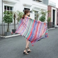 Ethnic cotton linen scarf with geometric patterns and fringe detail shown on model - 180cm / Color Geometric Tassel Style (L118)