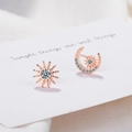 Elegant rose gold asymmetrical moon and star stud earrings with sparkling zircon stones - Rose Gold