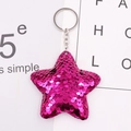Detail of pink reversible sequin star keychain with silver metal ring and chain - Pentagram / Rose Red