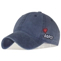 Dark blue washed denim baseball cap with red heart and OOPS! embroidery detail - Adjustable / Heart Embroidery Style(3) / Dark Blue