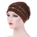 Detail of breathable lace cap with sparkling pink rhinestones and metallic knit texture - M (56-58cm) / Coffee