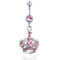 Silver crown belly button ring with sparkling pink gemstones and a curved barbell - Light Pink