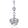 Silver crown belly button ring with sparkling rhinestones and a reflective finish - White