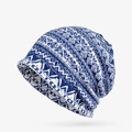Ethnic knit slouchy beanie featuring blue and white geometric patterns for women - Style 4 Blue