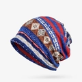 Ethnic style knitted beanie hat with blue and red geometric pattern for winter warmth - Style 2 Blue