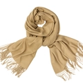 Soft camel beige brushed cashmere-feel scarf with elegant fringe trim detail - Khaki