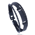 Multilayer braided black leather bracelet with rectangular metal plate on white background - Black