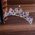 Élégante couronne de mariée dorée avec gouttes en cristal bleu et strass brillants - Bleu Roi Argenté