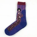 Artistic oil painting style purple and blue knit cotton crew socks with portrait pattern - Lady in Cheongsam