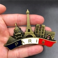 3D metal fridge magnet featuring the Eiffel Tower and Paris landmarks in bronze finish - France Panorama 1