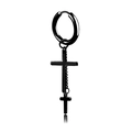 Men's black stainless steel hoop earring with cross pendant and tassel chain detail - Double Cross Ear Hoop / Black