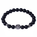 Lava stone lion head bracelet with 8mm black matte beads on white background - Matte Stone Style