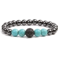 Elastic beaded bracelet featuring turquoise, black hematite, and lava rock on white background - Black