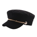 Classic black corduroy newsboy cap with gold braided rope trim and vintage button detail - 58cm / Black