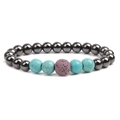 Detail view of magnetic hematite beads with blue turquoise and purple lava stone bracelet - Purple