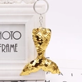 Close-up of golden sequins mermaid tail keychain with metallic ring and chain - Fish Tail 10cm (Silver Single Ring) / Gold
