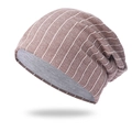 Gorro de punto de rayas marrones y blancas con forro gris cálido para invierno - Caqui