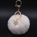 Vue détaillée du porte-clés flocon de neige en peluche avec fausse fourrure crème et alliage - Poche zippée