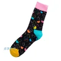Schwarze mittelhohe Socken mit bunten Eierschalenmustern, rosa Bündchen und gelben Zehen - Einheitsgröße / Rosa Gerippt
