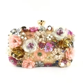 Champagne evening clutch bag with handmade 3D floral sequins and gold clasp closure - Gold