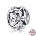 S925 sterling silver hollow floral bead charm with sparkling zircon accents - Bright Silver Floral (SCC729)