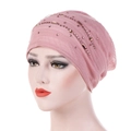 Pink lace breathable headscarf with gold beads and rhinestones for women fashion - M (56-58cm) / Pink