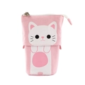 Pink and white retractable canvas pencil case with a cute cat design in standing mode - Pink/White Cat