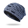Unisex grey and black distressed knit beanie featuring street style hollow-out details - One Size / Navy Blue