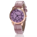 Women's quartz watch with pink leather strap, rose gold case and Roman numerals - Purple