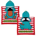 Kids hooded poncho towel with red stripes and cartoon dinosaur graphic design - Striped Dinosaur