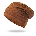 Close-up of brown slouchy beanie with artistic cursive print and knit texture detail - One Size / Coffee