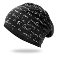 Slouchy black cotton beanie with white cursive print for a stylish street look - One Size / Black