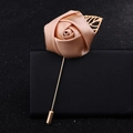 Elegant champagne satin rose boutonniere with golden hollow leaf and long lapel pin - Champagne