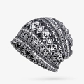 Ethnic knit slouchy beanie hat with black and white geometric tribal patterns - Style 4 Black