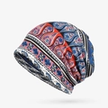 Bohemian style slouchy beanie for women with red and blue ethnic totem print - Style 5 Blue