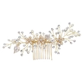 Dettaglio macro del pettine da sposa con perle, strass e foglie smaltate su base oro - Pettine per Capelli Singolo / Oro