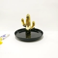 Minimalist black ceramic jewelry tray with a gold cactus pillar for rings and bracelets - Gold Black Cactus Stand