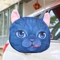 Plush crossbody bag with 3D cat head print and silver chain strap in dark blue - Cute Blue Cat