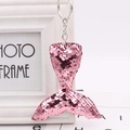 Pink sequin mermaid tail keychain with silver metal ring on a white decorative frame - Fish Tail 10cm (Silver Single Ring) / Pink